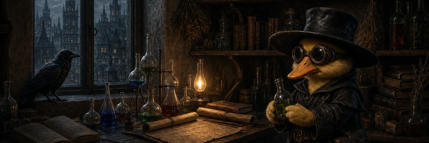 Quack Doctor in his candle-lit study holding a small potion bottle, a crow on the window ledge and the old town under the moon