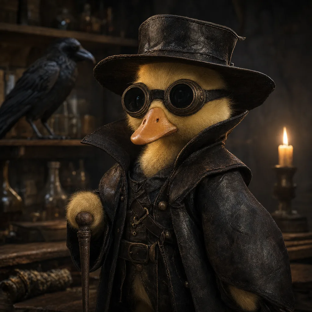 Quack Doctor's official portrait: the duckling in hat, goggles and coat, holding his cane, a crow on the shelf behind him