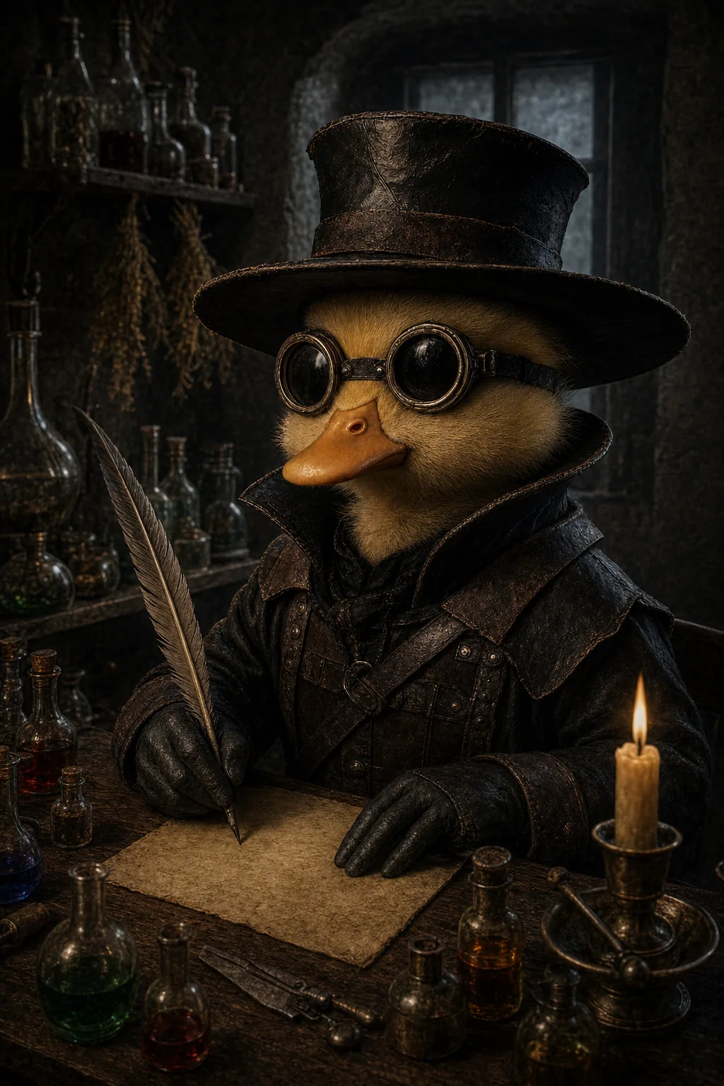 Case 03: Quack Doctor writing a prescription with a long quill at a candle-lit desk