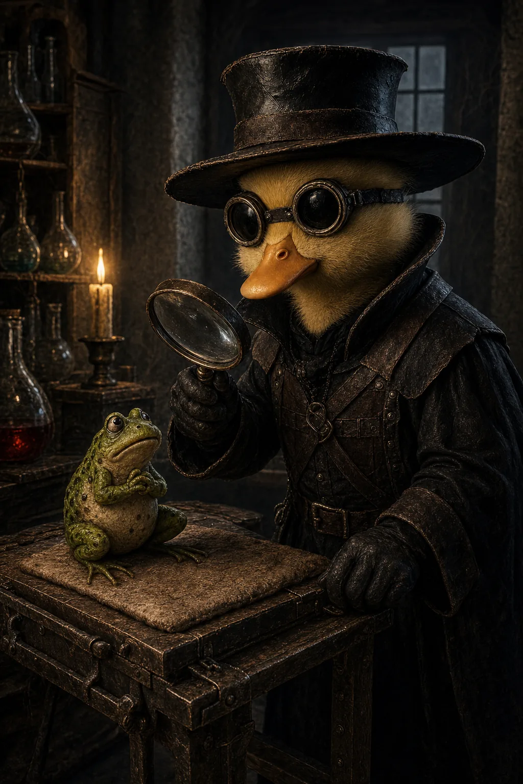 Case 05: Quack Doctor examining a nervous green frog through a brass magnifying glass