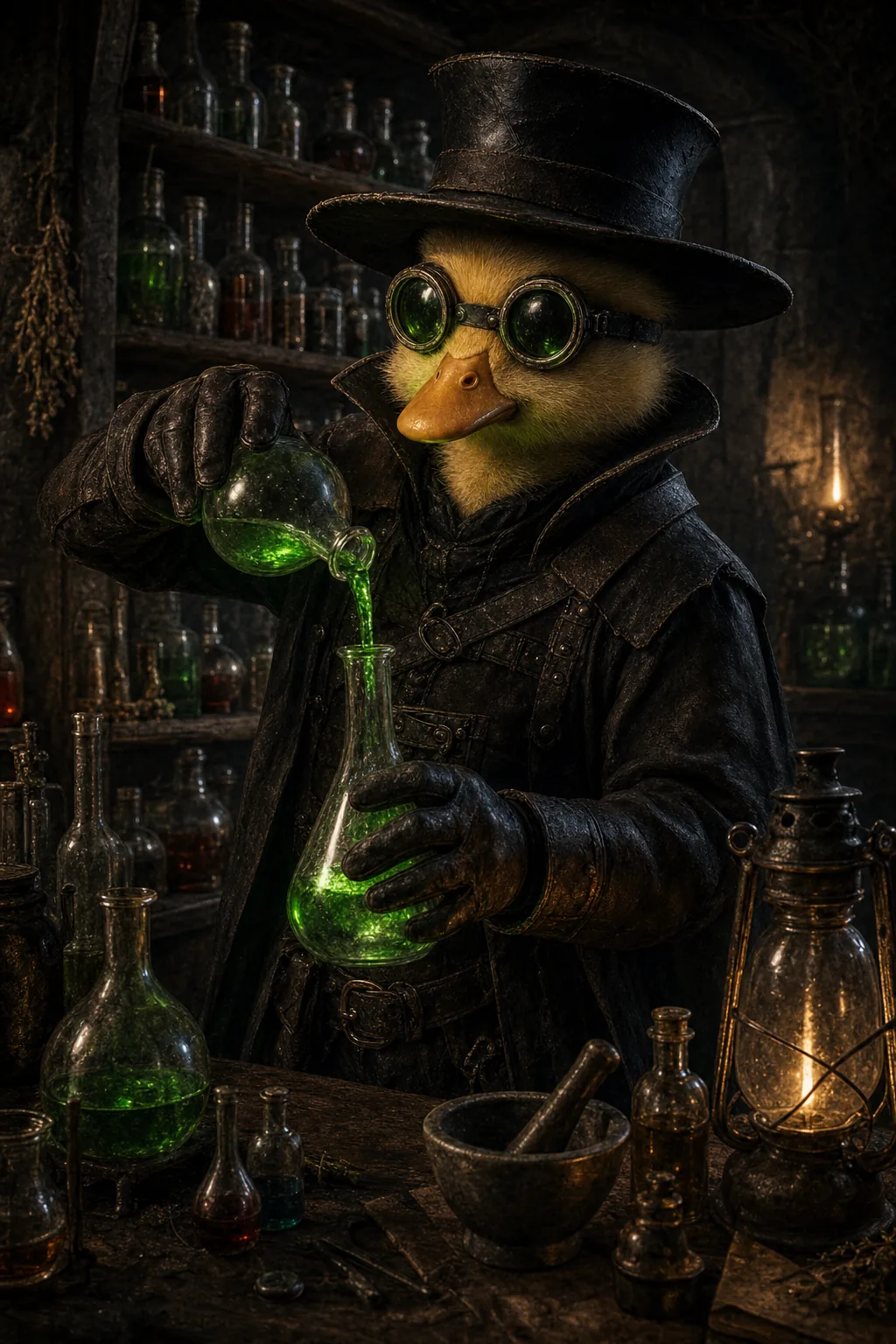 Case 07: Quack Doctor pouring a glowing green tonic between two glass flasks