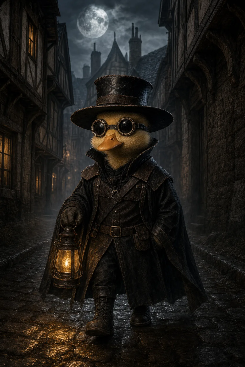 Quack Doctor walking down a narrow cobbled street at night carrying a small glowing lantern